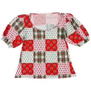 Smith & Quinn Patchwork Puff Sleeve Blouse XS Red Plaid Floral Boho Preppy Top